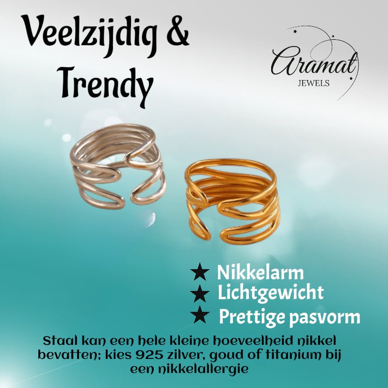 Brede One Size Ring RVS met Modern Lijnenspel (14 mm) - Aramat Jewels - Ringen - cadeautip
