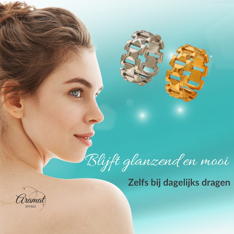 Brede One Size Schakelring van RVS - Goudkleurig of Zilver (9 mm) - Aramat Jewels - Ringen - cadeautip