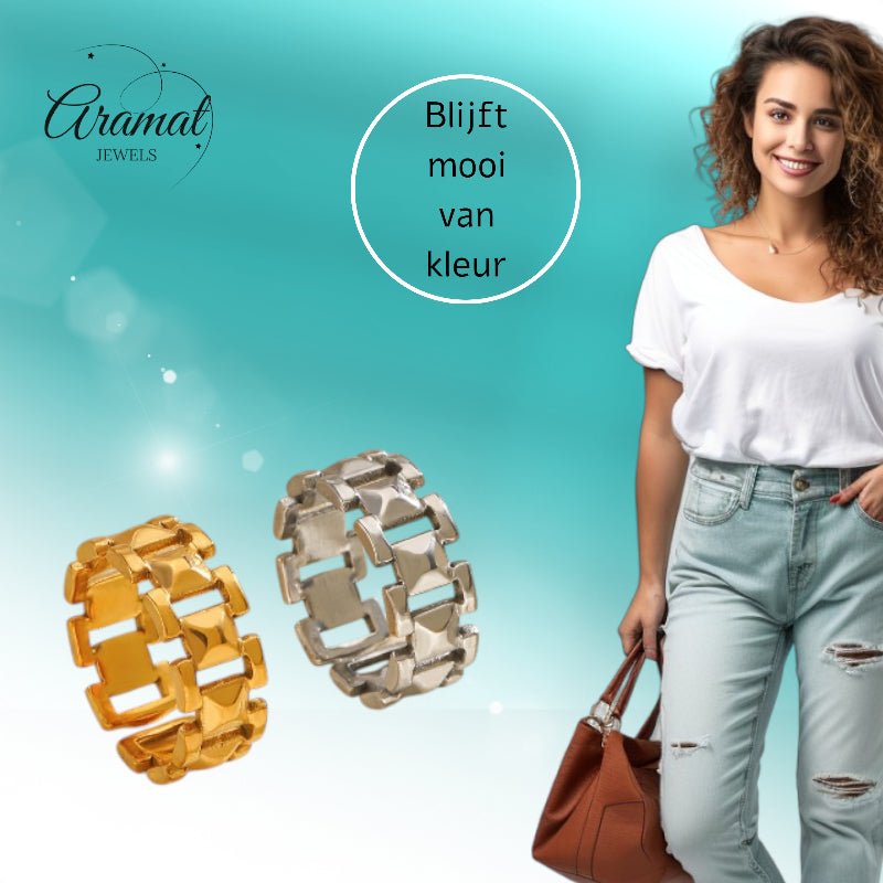 Brede One Size Schakelring van RVS - Goudkleurig of Zilver (9 mm) - Aramat Jewels - Ringen - cadeautip