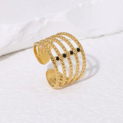 Brede Open Ring RVS met Bolletjesmotief en 5 Emaille Puntjes (16 mm) - Aramat Jewels - Ringen - cadeautip