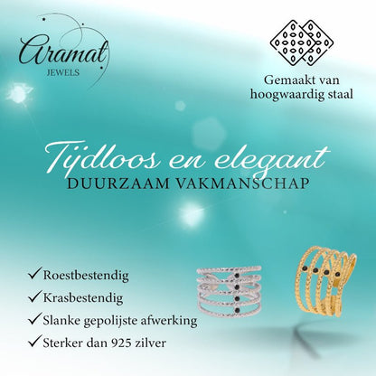 Brede Open Ring RVS met Bolletjesmotief en 5 Emaille Puntjes (16 mm) - Aramat Jewels - Ringen - cadeautip