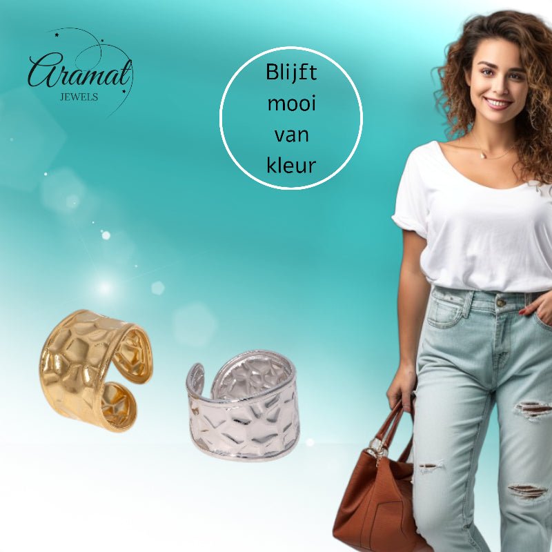 Brede Verstelbare Damesring met Geometrisch Design - 15mm RVS - Aramat Jewels - Ringen - cadeautip