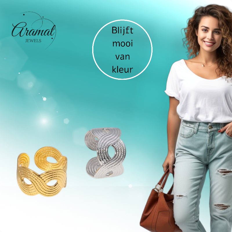 Brede Verstelbare Ring RVS met Vlecht Motief - 13 mm - Aramat Jewels - Ringen - cadeautip
