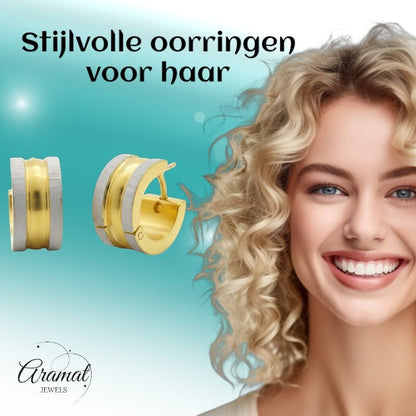 Creolen – Bicolor RVS Mat Zilver/Goud (13x4mm) - Aramat Jewels - Oorringen - cadeautip