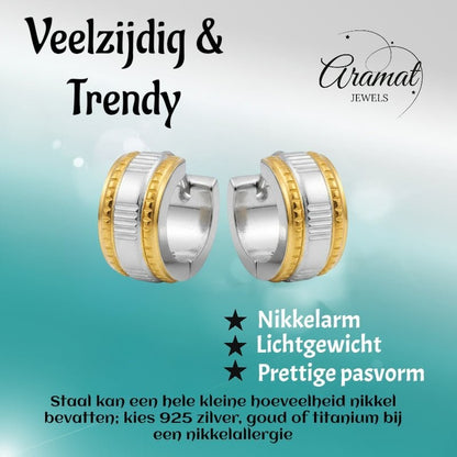 Creolen – Bicolor RVS met Dubbele Goudkleurige Streep (13mm) - Aramat Jewels - Oorringen - cadeautip