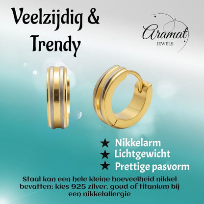 Creolen – RVS Bicolor Mat met Goudkleurige Strepen (13mm) - Aramat Jewels - Oorringen - cadeautip