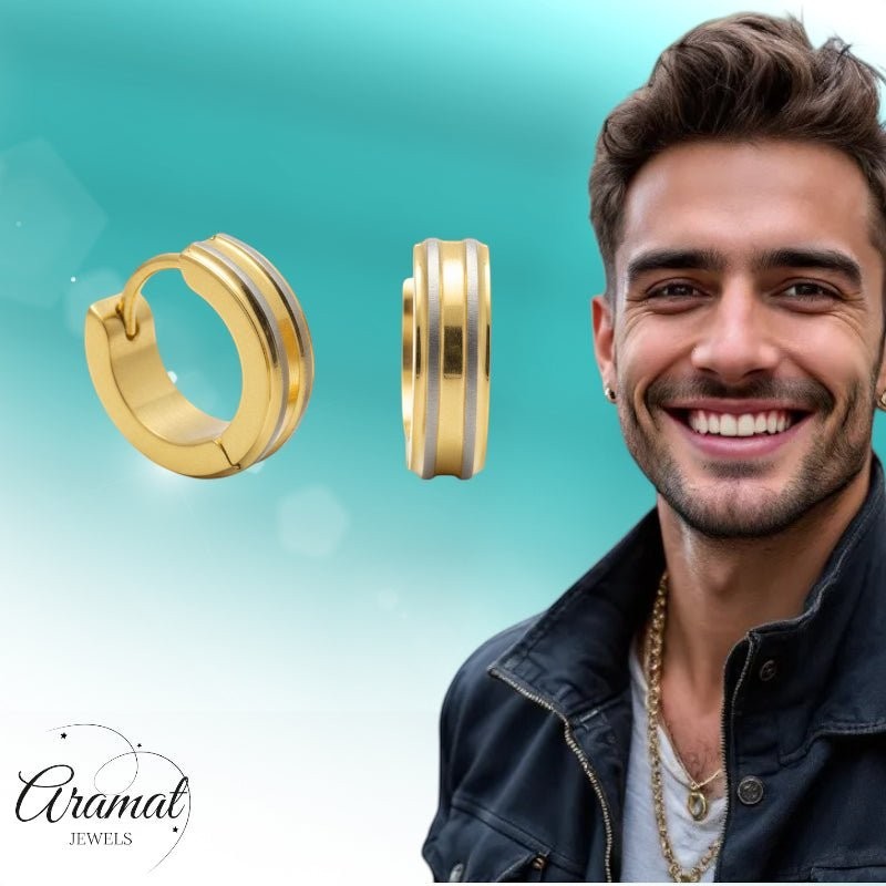 Creolen – RVS Bicolor Mat met Goudkleurige Strepen (13mm) - Aramat Jewels - Oorringen - cadeautip