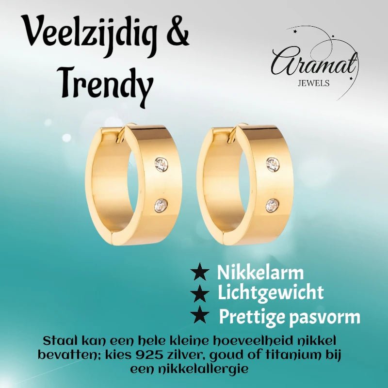 Creolen – RVS Goudkleur met Dubbele Zirkonia (13mm of 20mm) - Aramat Jewels - Oorringen - cadeautip