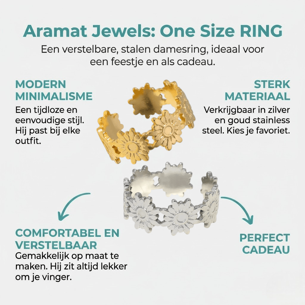 Damesring Verstelbaar – Bloemetjes Schakels – One Size - Aramat Jewels - Ringen - cadeautip