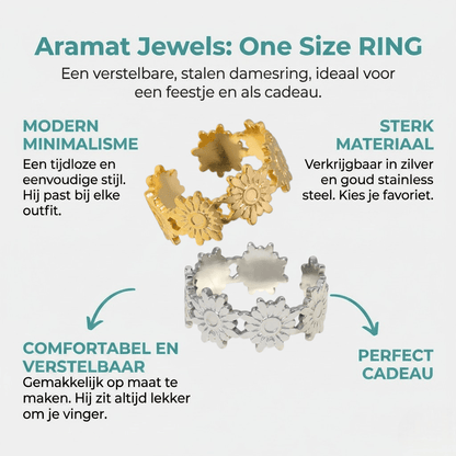 Damesring Verstelbaar – Bloemetjes Schakels – One Size - Aramat Jewels - Ringen - cadeautip