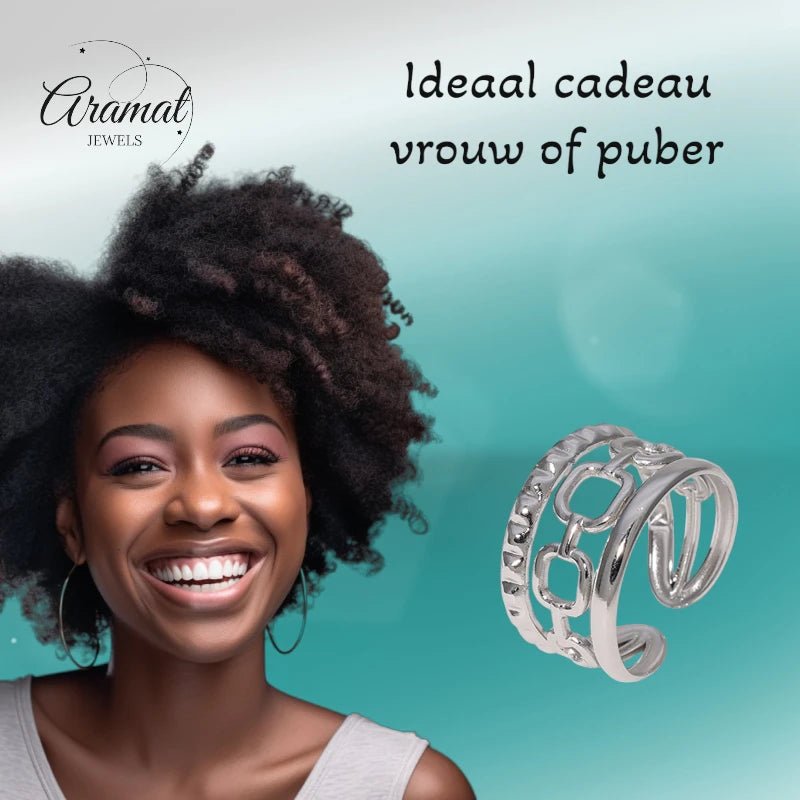 Damesring Verstelbaar – Open Ring met Gladde, Schakel & Bewerkte Lijn – One Size - Aramat Jewels - Ringen - cadeautip