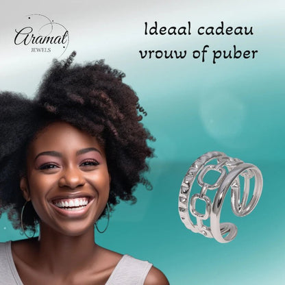 Damesring Verstelbaar – Open Ring met Gladde, Schakel & Bewerkte Lijn – One Size - Aramat Jewels - Ringen - cadeautip