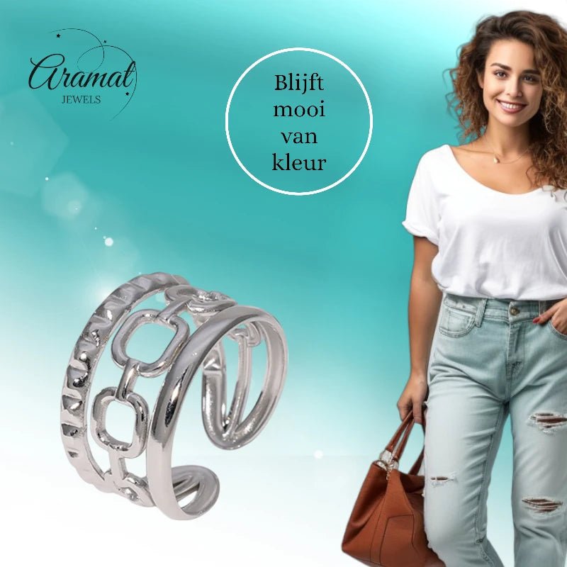 Damesring Verstelbaar – Open Ring met Gladde, Schakel & Bewerkte Lijn – One Size - Aramat Jewels - Ringen - cadeautip
