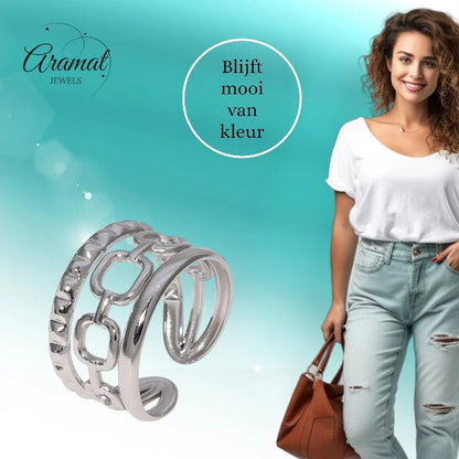 Damesring Verstelbaar – Open Ring met Gladde, Schakel & Bewerkte Lijn – One Size - Aramat Jewels - Ringen - cadeautip