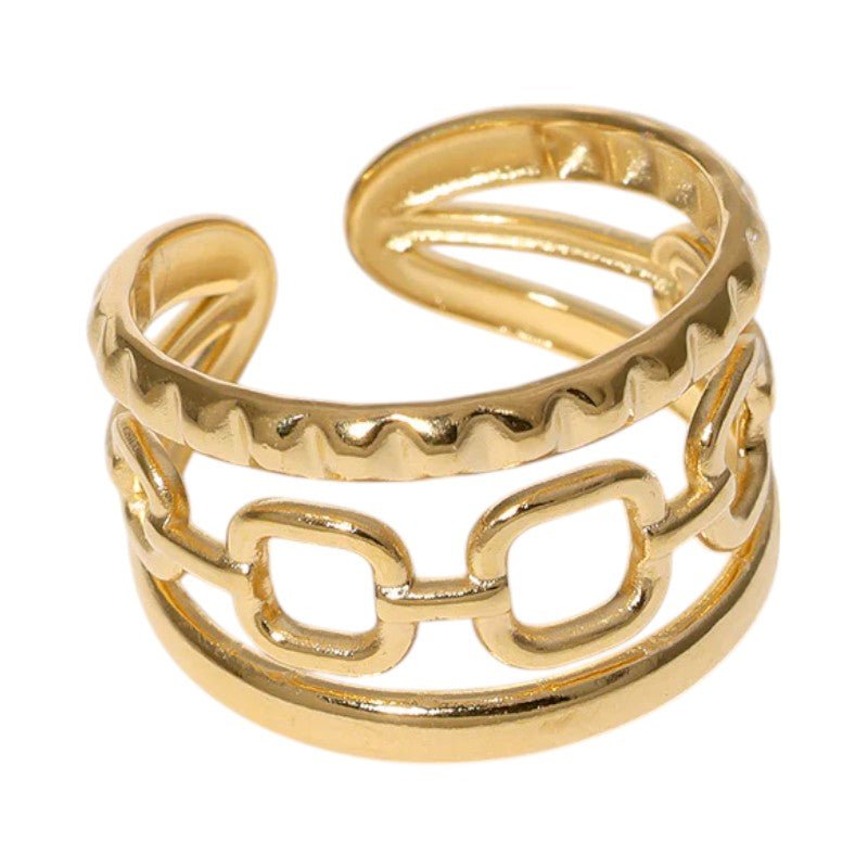 Damesring Verstelbaar – Open Ring met Gladde, Schakel & Bewerkte Lijn – One Size - Aramat Jewels - Ringen - cadeautip