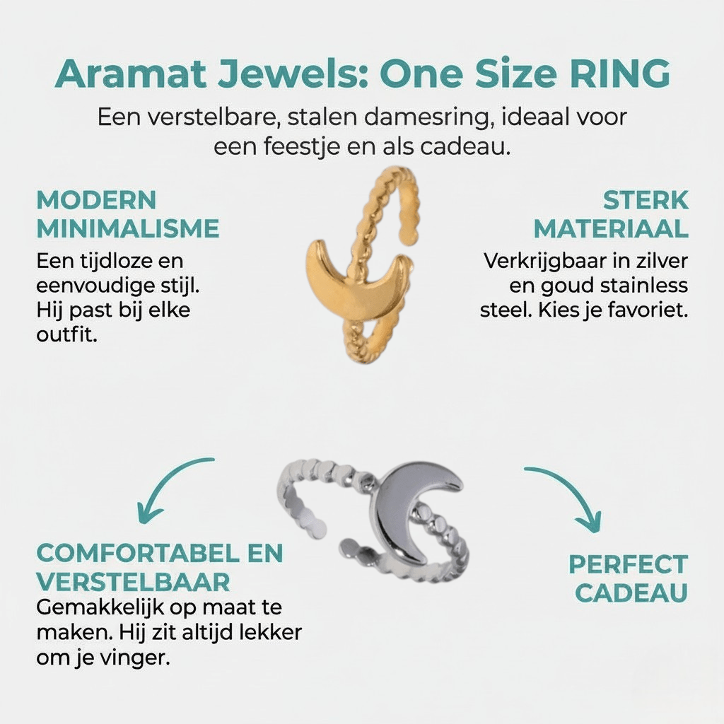 Damesring Verstelbaar – Open Ring met Maantje & Dots – One Size - Aramat Jewels - Ringen - cadeautip