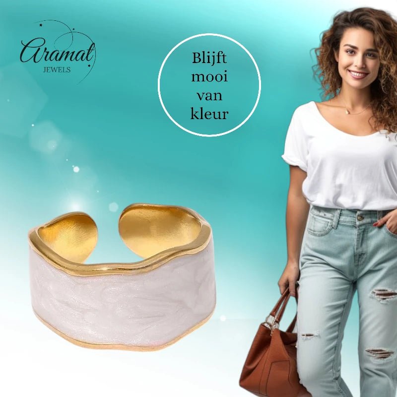 Damesring Verstelbaar – Open Ring met Witte Parelmoer Inlay – One Size - Aramat Jewels - Ringen - cadeautip