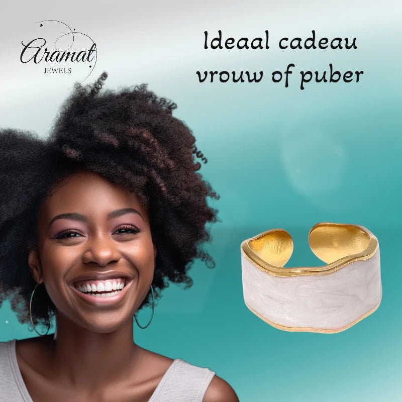 Damesring Verstelbaar – Open Ring met Witte Parelmoer Inlay – One Size - Aramat Jewels - Ringen - cadeautip