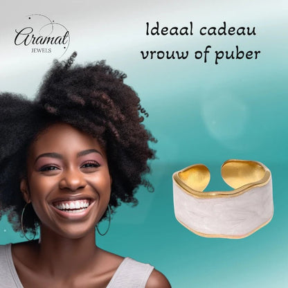 Damesring Verstelbaar – Open Ring met Witte Parelmoer Inlay – One Size - Aramat Jewels - Ringen - cadeautip