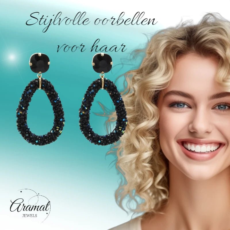 Elegante Druzy Oorbellen – Zwart – 58x30mm - oor6118 - Oorhangers kopen# - 60mm - alles - cadeau