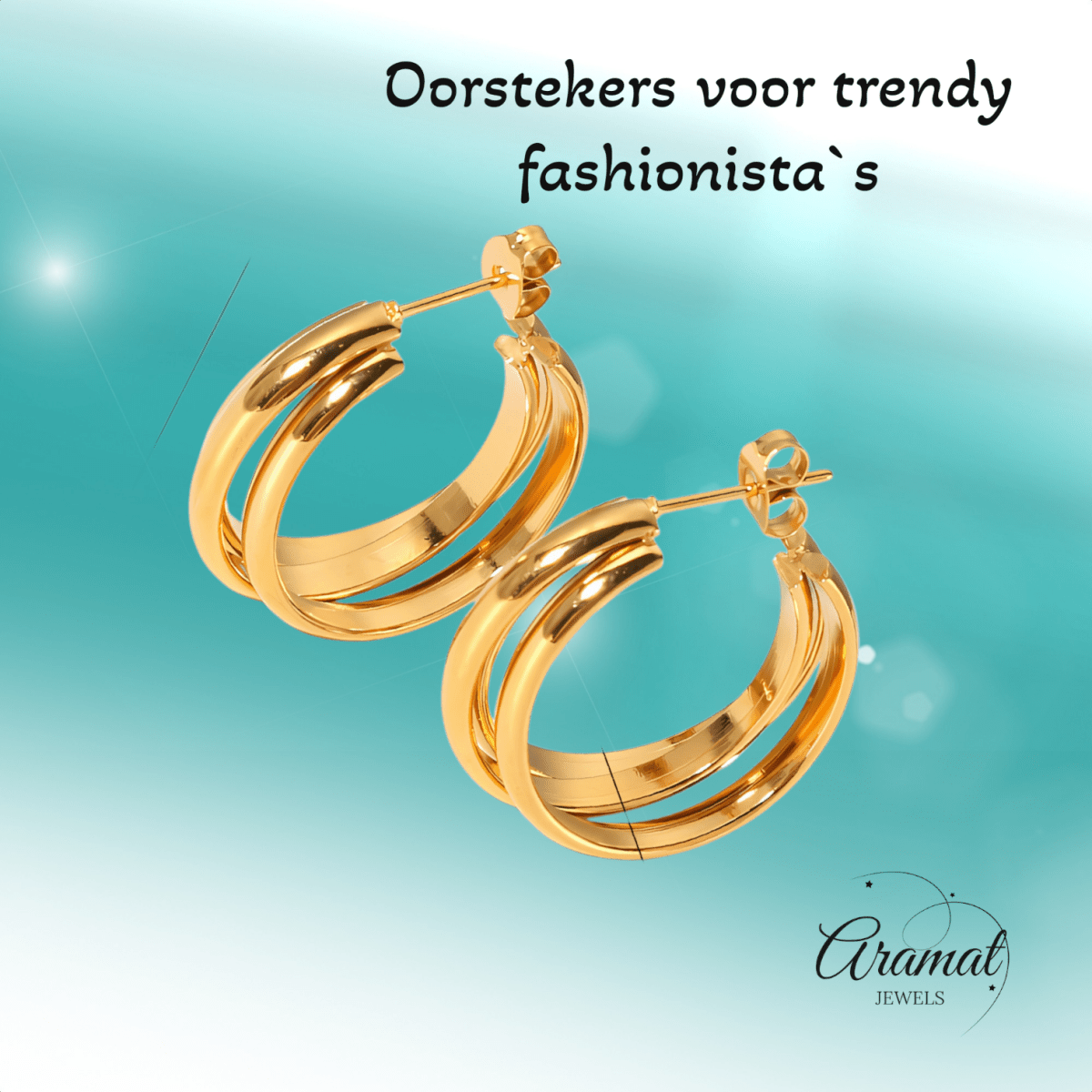 Goudkleurige 3 - Lijns Halve Oorringen 24x9,5mm Twist RVS - Aramat Jewels - RVS Sieraden - Oorbellen - cadeautip