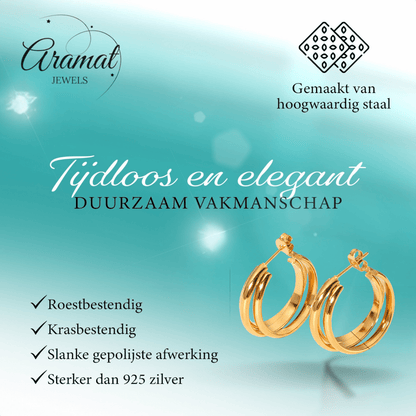 Goudkleurige 3 - Lijns Halve Oorringen 24x9,5mm Twist RVS - Aramat Jewels - RVS Sieraden - Oorbellen - cadeautip