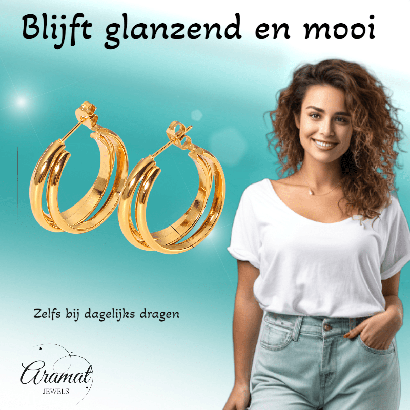 Goudkleurige 3 - Lijns Halve Oorringen 24x9,5mm Twist RVS - Aramat Jewels - RVS Sieraden - Oorbellen - cadeautip