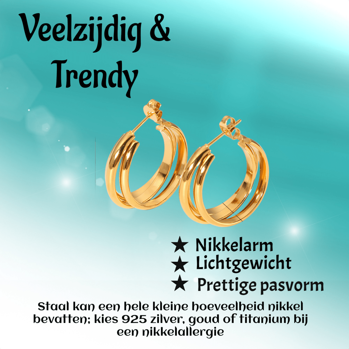 Goudkleurige 3 - Lijns Halve Oorringen 24x9,5mm Twist RVS - Aramat Jewels - RVS Sieraden - Oorbellen - cadeautip