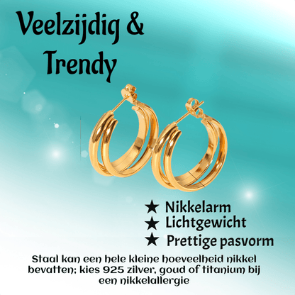 Goudkleurige 3 - Lijns Halve Oorringen 24x9,5mm Twist RVS - Aramat Jewels - RVS Sieraden - Oorbellen - cadeautip
