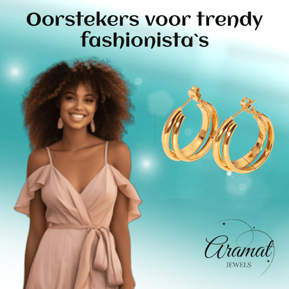 Goudkleurige 3 - Lijns Halve Oorringen 24x9,5mm Twist RVS - Aramat Jewels - RVS Sieraden - Oorbellen - cadeautip