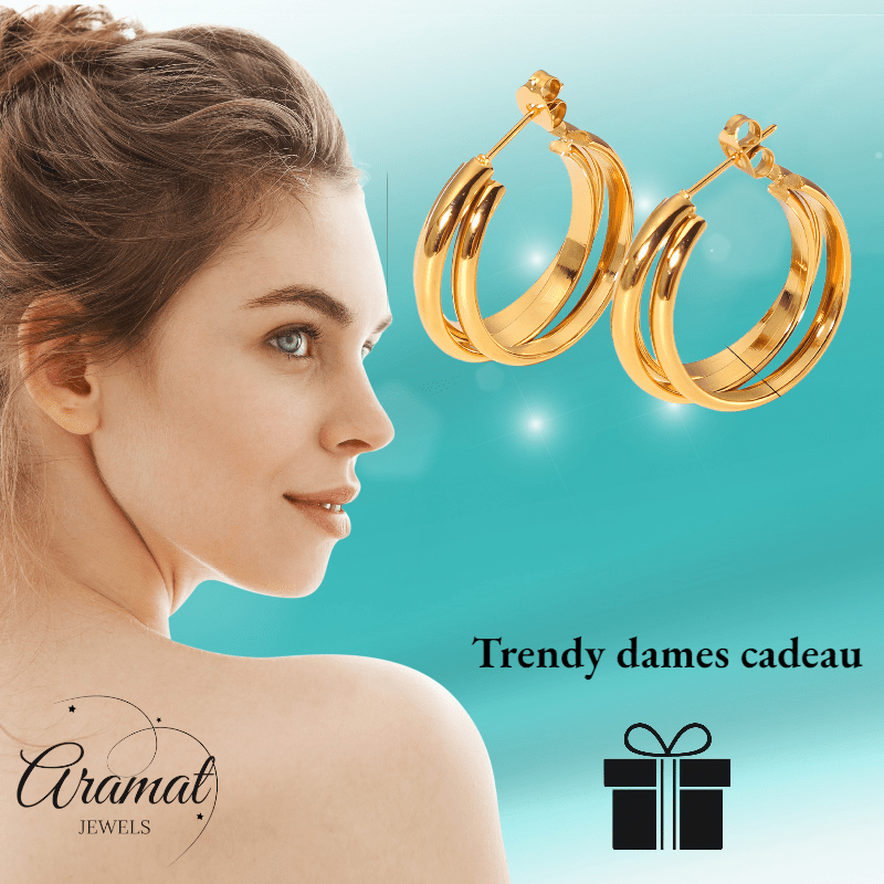 Goudkleurige 3 - Lijns Halve Oorringen 24x9,5mm Twist RVS - Aramat Jewels - RVS Sieraden - Oorbellen - cadeautip