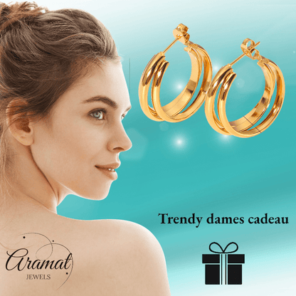 Goudkleurige 3 - Lijns Halve Oorringen 24x9,5mm Twist RVS - Aramat Jewels - RVS Sieraden - Oorbellen - cadeautip