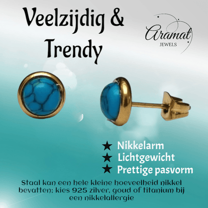 Goudkleurige Boho Oorbellen Blauw Marmer 8mm - oor3235 - Oorbellen kopen# - 8mm - alles - blauw