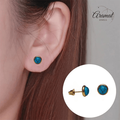 Goudkleurige Boho Oorbellen Blauw Marmer 8mm - oor3235 - Oorbellen kopen# - 8mm - alles - blauw