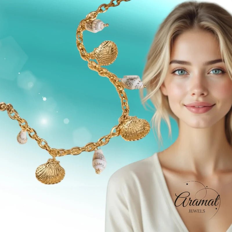 Goudkleurige damesketting met echte schelpen – 40+5 cm - ket1172 - 513516 - Halskettingen kopen# - 40cm - alles - Bedelketting