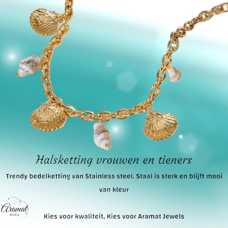Goudkleurige damesketting met echte schelpen – 40+5 cm - ket1172 - 513516 - Halskettingen kopen# - 40cm - alles - Bedelketting