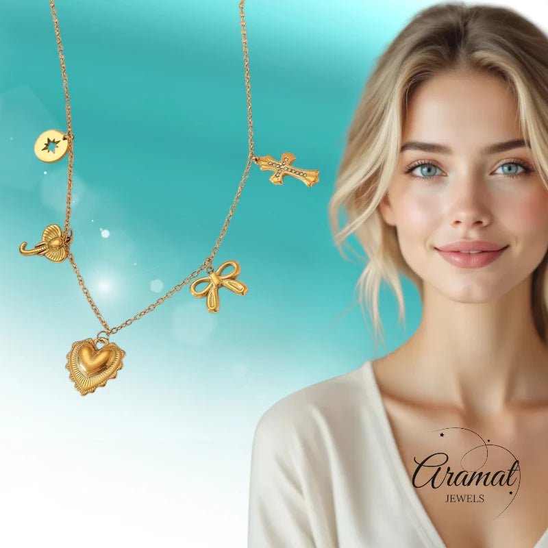 Goudkleurige damesketting met kristal en bedels - ket1167 - 919868 - Halskettingen kopen# - 40cm - alles - Bedelketting