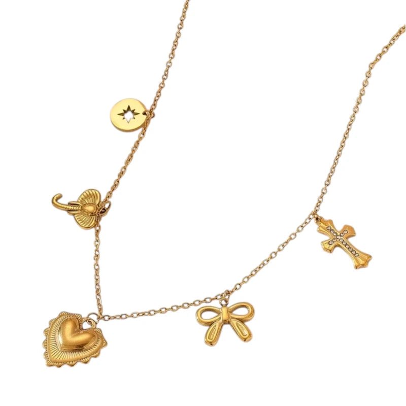 Goudkleurige damesketting met kristal en bedels - ket1167 - 919868 - Halskettingen kopen# - 40cm - alles - Bedelketting