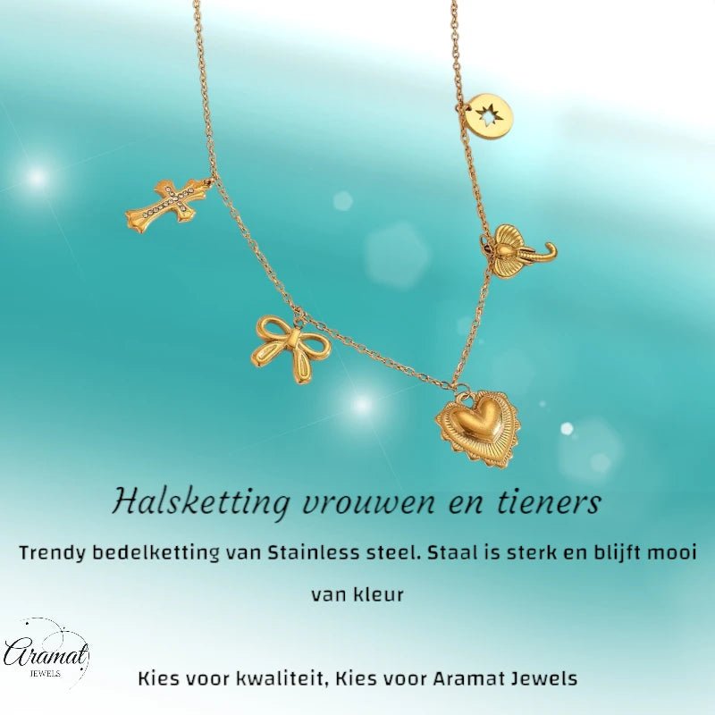 Goudkleurige damesketting met kristal en bedels - ket1167 - 919868 - Halskettingen kopen# - 40cm - alles - Bedelketting