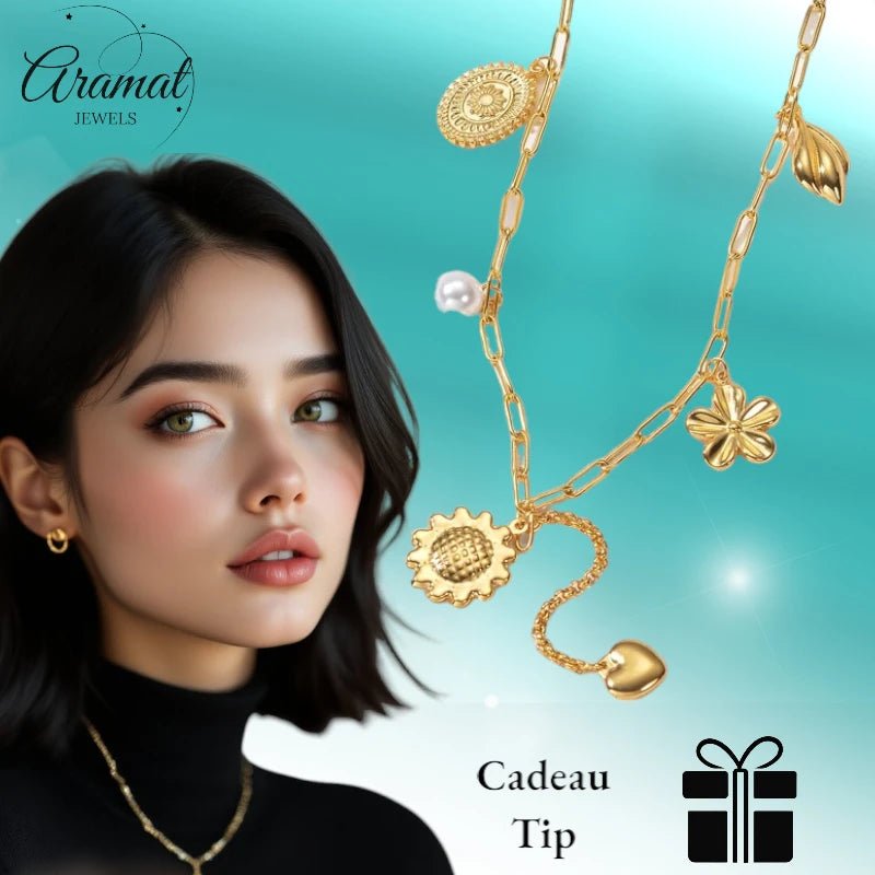 Goudkleurige damesketting met parel en bedels – 45+5 cm - ket1176 - 769522 - Halskettingen kopen# - 45cm - alles - Bedelketting