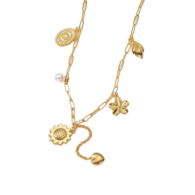 Goudkleurige damesketting met parel en bedels – 45+5 cm - ket1176 - 769522 - Halskettingen kopen# - 45cm - alles - Bedelketting