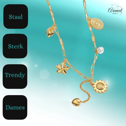 Goudkleurige damesketting met parel en bedels – 45+5 cm - ket1176 - 769522 - Halskettingen kopen# - 45cm - alles - Bedelketting