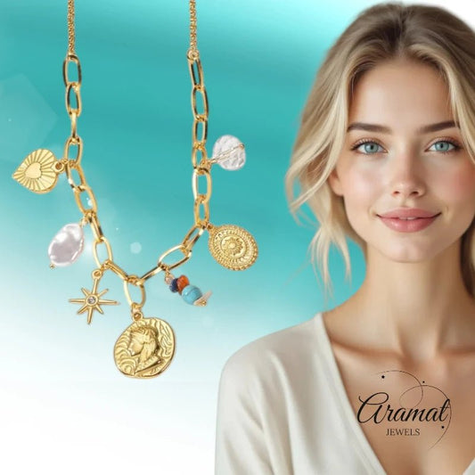 Goudkleurige damesketting met parel & kristalbedels – 45+5 cm - ket1177 - 769521 - Halskettingen kopen# - 45cm - alles - Bedelketting