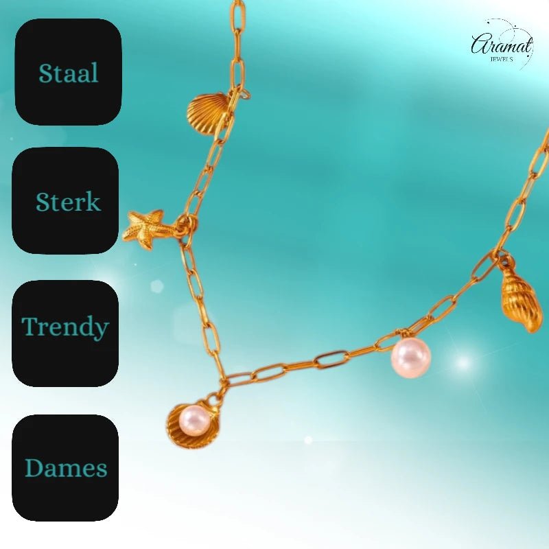 Goudkleurige damesketting met schelp - en parelbedels - ket1165 - 511143 - Halskettingen kopen# - 45cm - alles - Bedelketting