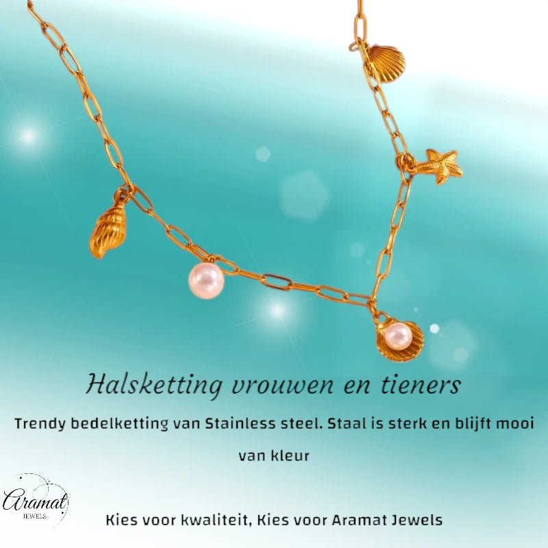 Goudkleurige damesketting met schelp - en parelbedels - ket1165 - 511143 - Halskettingen kopen# - 45cm - alles - Bedelketting