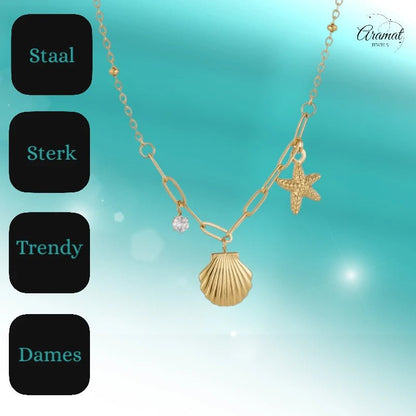 Goudkleurige damesketting met schelp & zirkonia – 40+5 cm - ket1171 - 658905 - Halskettingen kopen# - 40cm - alles - Bedelketting