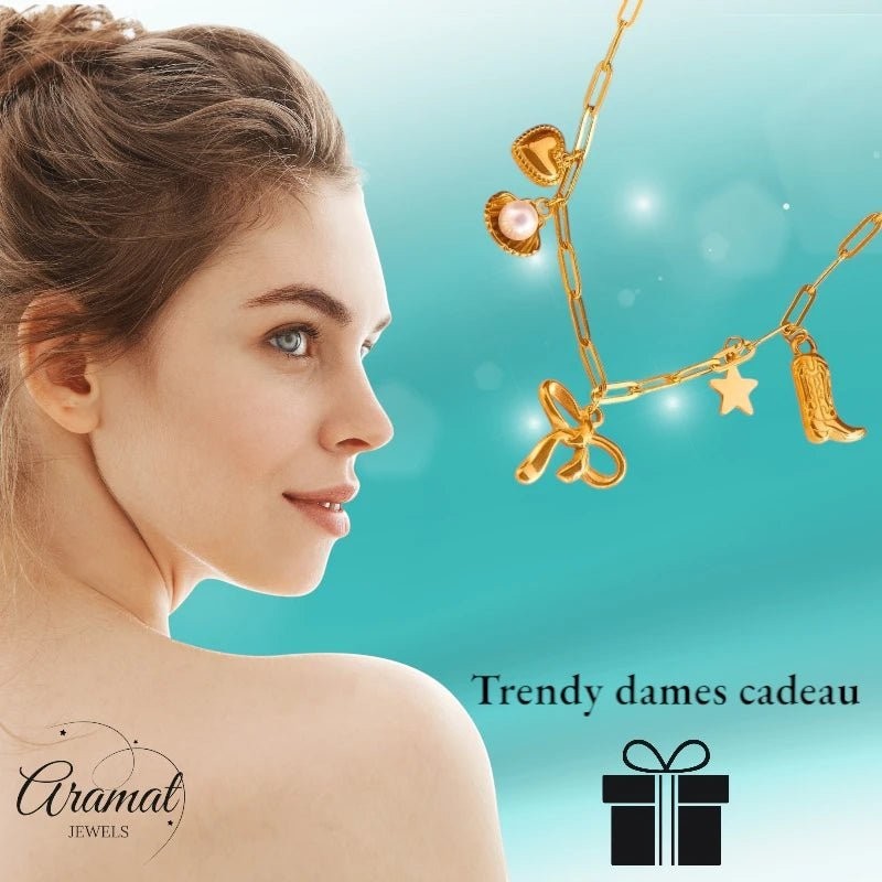 Goudkleurige damesketting met speelse bedels – 45+5 cm - ket1166 - 511135 - Halskettingen kopen# - 45cm - alles - Bedelketting
