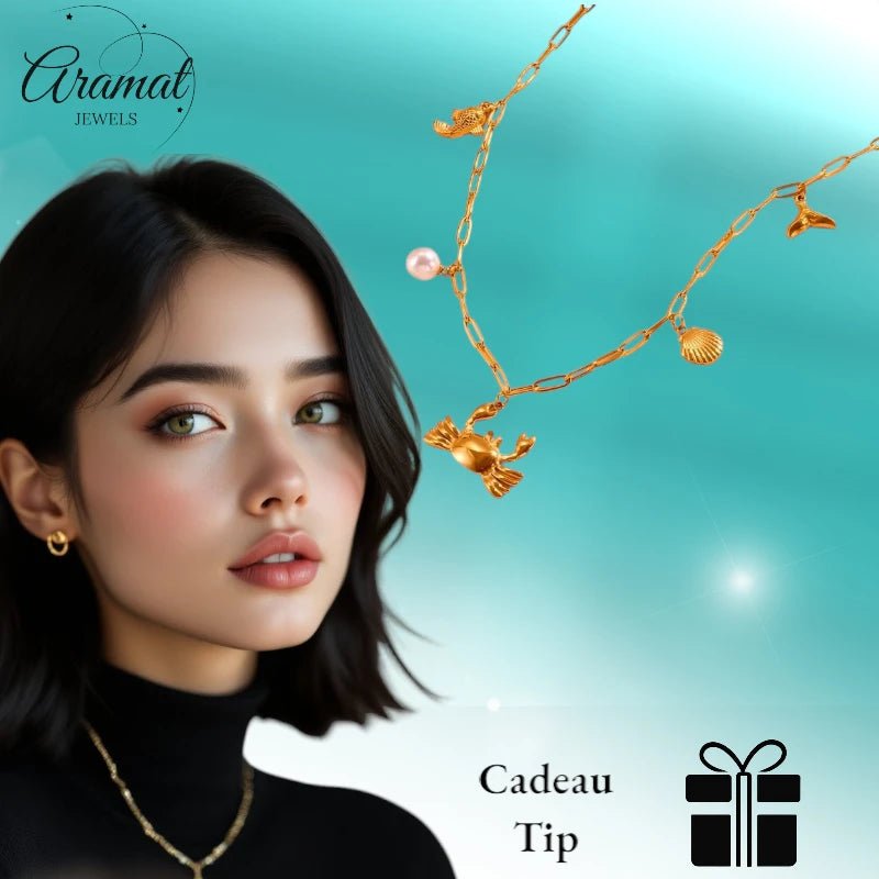 Goudkleurige damesketting met zee - bedels – 45 cm - ket1168 - 511144 - Halskettingen kopen# - 45cm - alles - Bedelketting