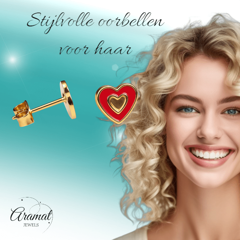 Goudkleurige hartjes oorbellen met rood emaille - oor6077 - Oorbellen kopen# - 6mm - alles - cadeau