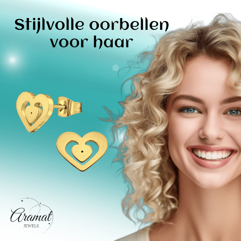 Goudkleurige hartjes oorstekers – 11x9mm RVS - Aramat Jewels - Oorbellen - cadeautip